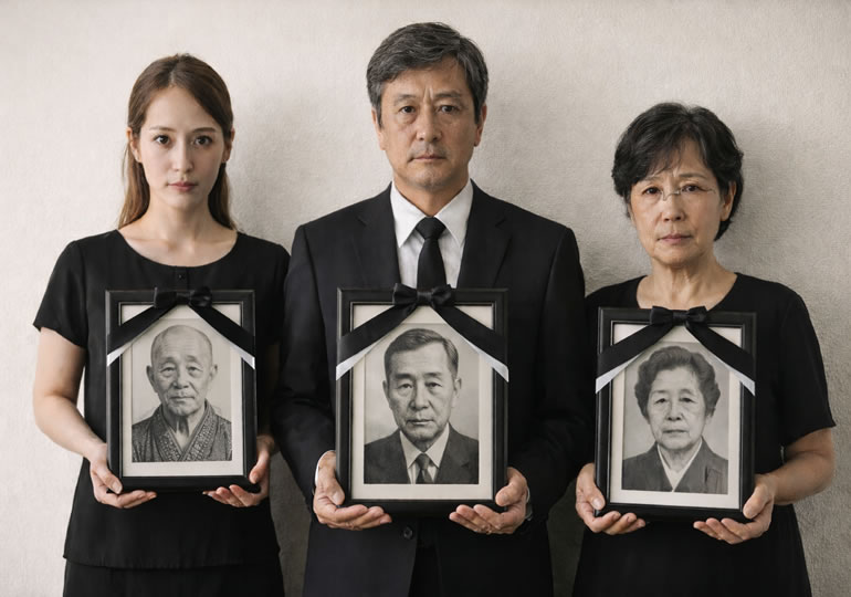 先祖代々の遺影を持つ家族