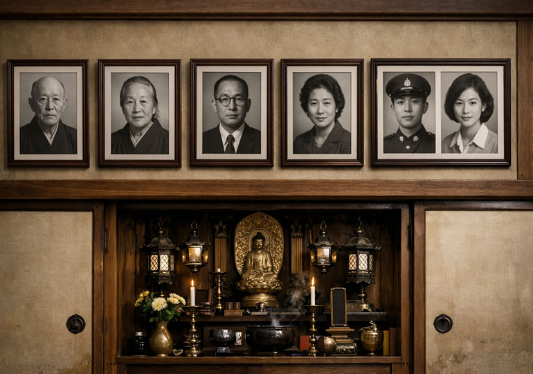 壁にかけられた6枚の遺影