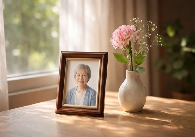 小さな遺影と一輪の花