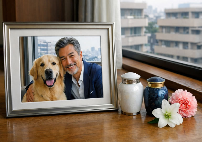 窓際に置かれた小さな遺影と小さな骨壺