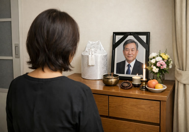 部屋の隅に置いてある遺影を見つめる女性の後ろ姿
