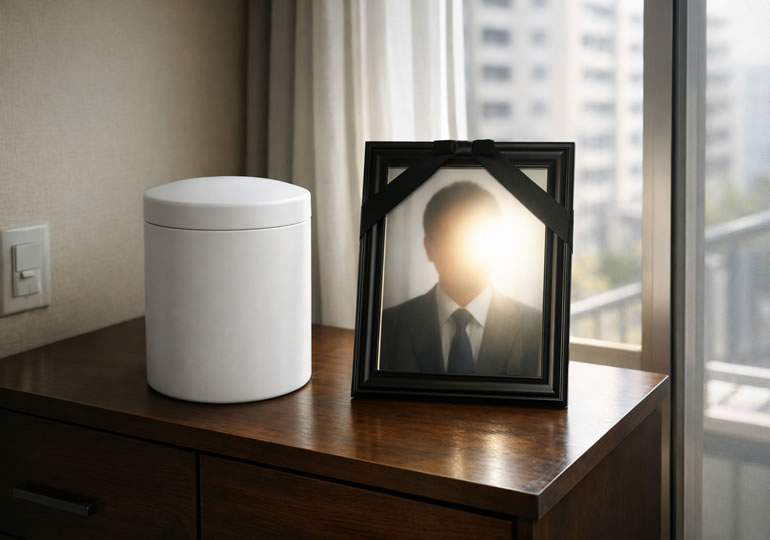 マンションの部屋に置かれている骨壺と遺影