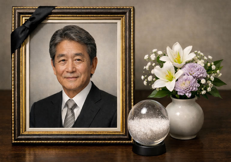 遺影の横に置かれた遺骨の入ったガラス玉