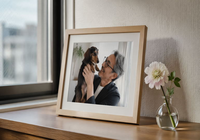 窓際に置かれた遺影と1本の花