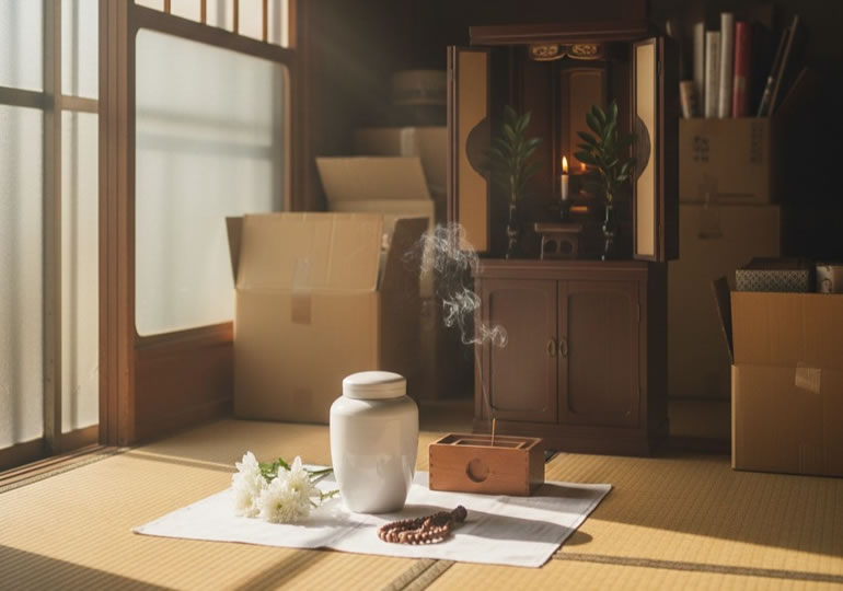 仏壇の前に置かれた骨壺