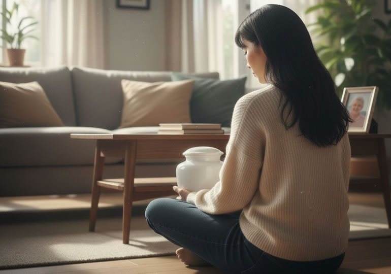 骨壺を抱えて悩む女性