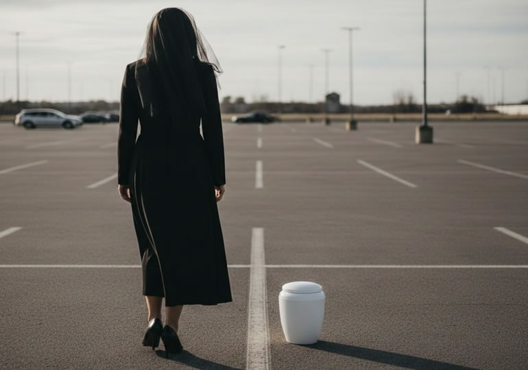 駐車場に骨壺を置いて去っていく女性