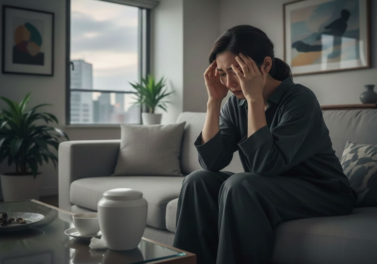 リビングで骨壺を眺めながら頭を抱える女性