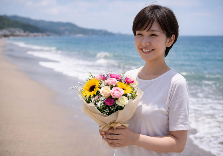 浜辺で花束を持って微笑む女性