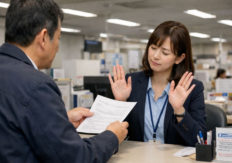 散骨生前予約の無効を説明する市役所の女性職員