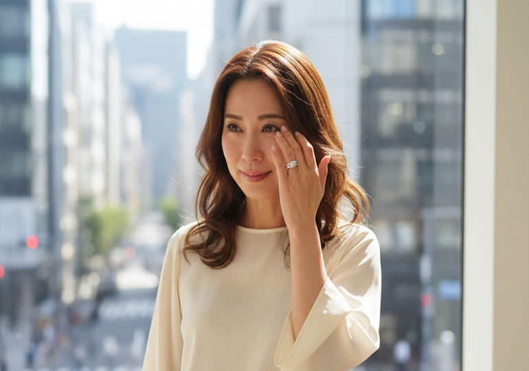 指輪をはめた薬指で涙をふく女性