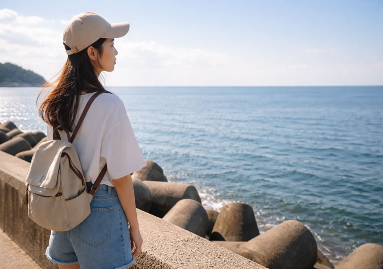 海を見つめる親族の女性