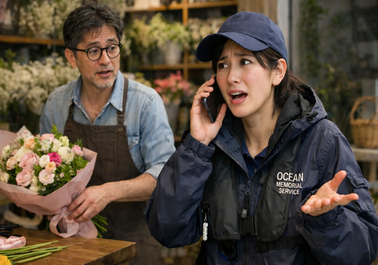 散骨キャンセルの電話対応をする女性スタッフ