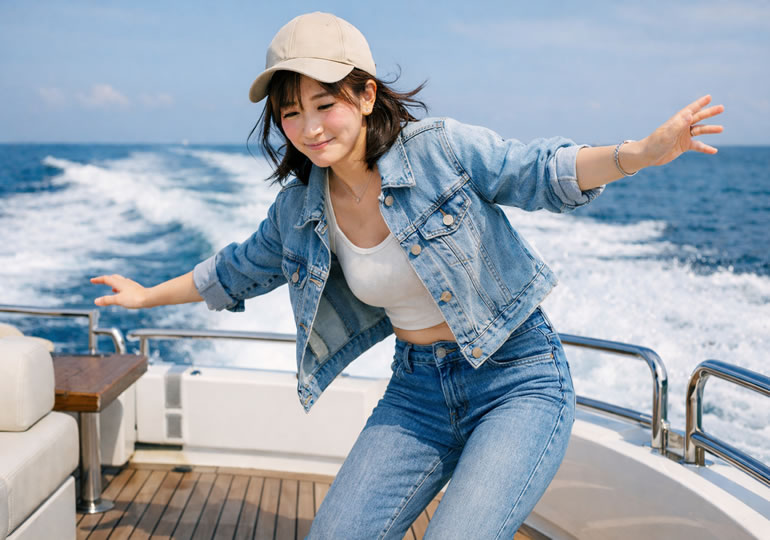 クルーザーの後方デッキで船酔いしている女性