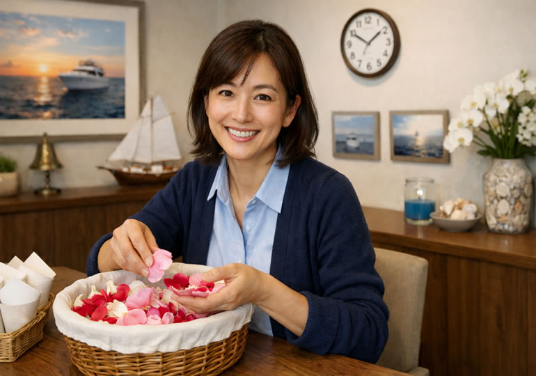 海洋散骨の献花を準備している女性