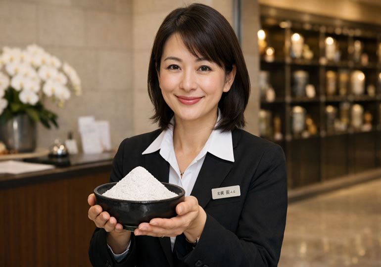 粉骨したパウダーを持っている納骨堂の女性スタッフ