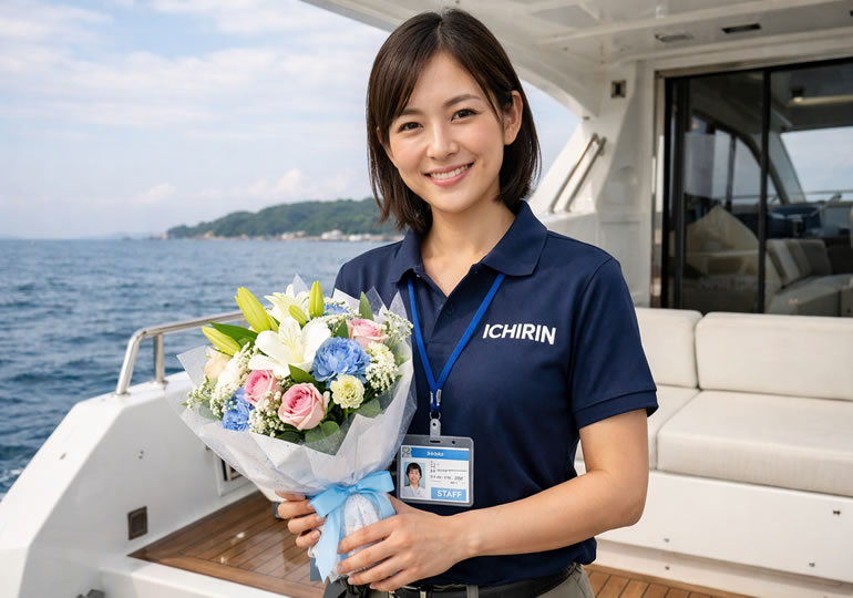 花束を持っている散骨業者の女性スタッフ