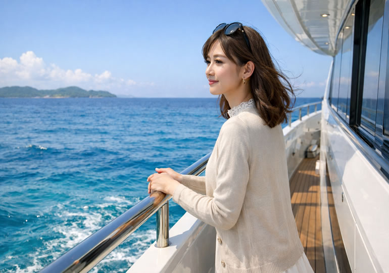 クルーザから海を見つめる女性