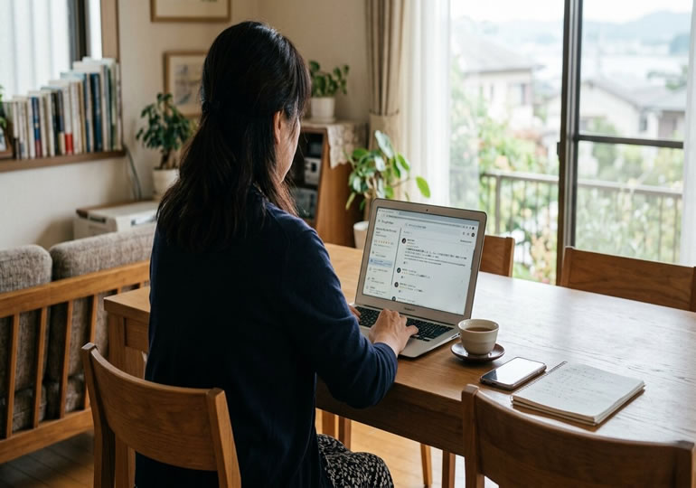 散骨業者の口コミを調べる女性
