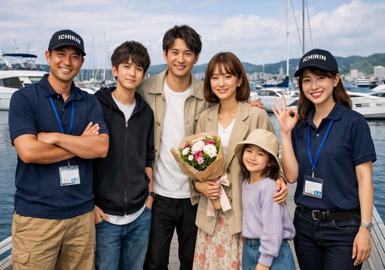 海洋散骨後に記念撮影している家族