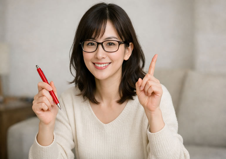 笑顔で指を差す女性