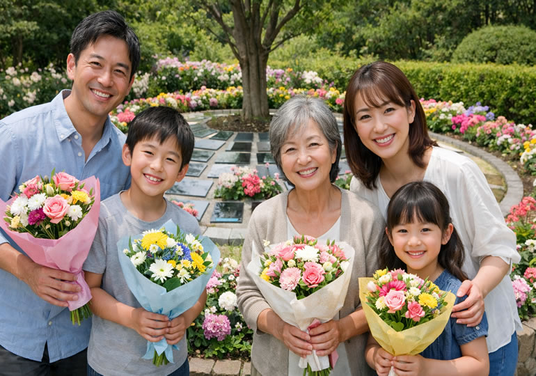 樹木葬のお参りに来た笑顔の家族