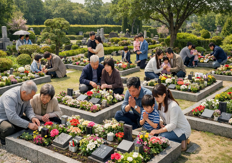 樹木葬のお参りに来ている多くの家族