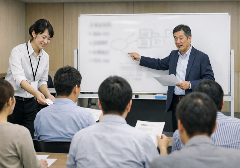 散骨民間団体の説明を聞いている男性