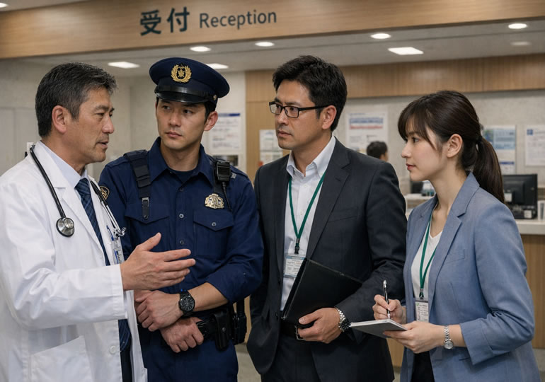医者と警察と打ち合わせをしている市役所の男性