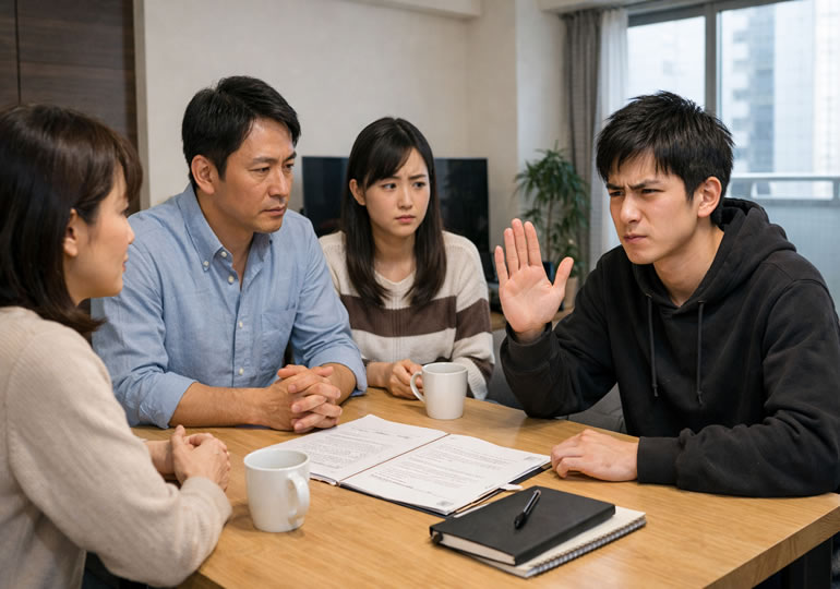 献体について話し合っている家族