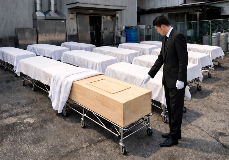 火葬待ちで並ぶ棺桶(火葬場不足のイメージ)