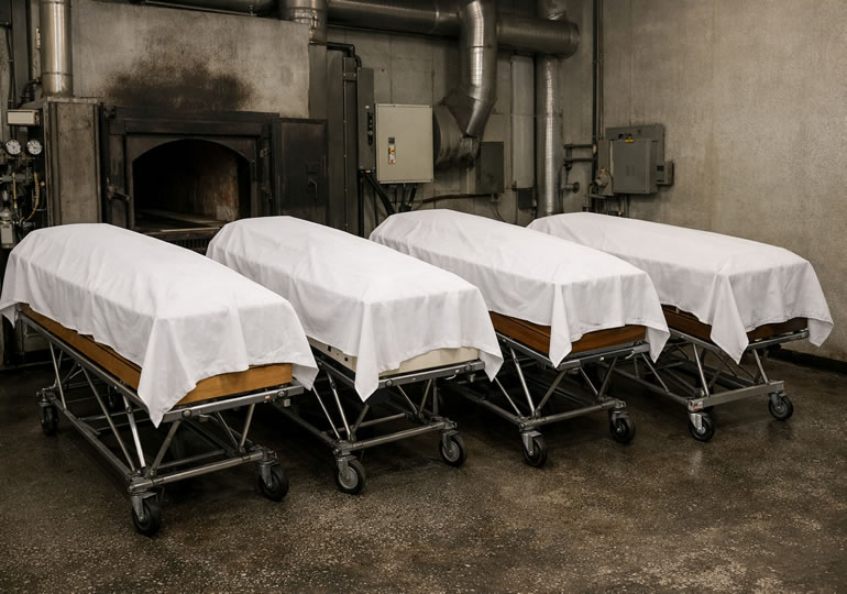 火葬炉の前に並べられた棺桶