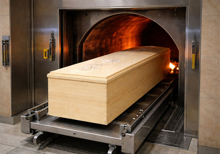 火葬炉に入れられる棺桶