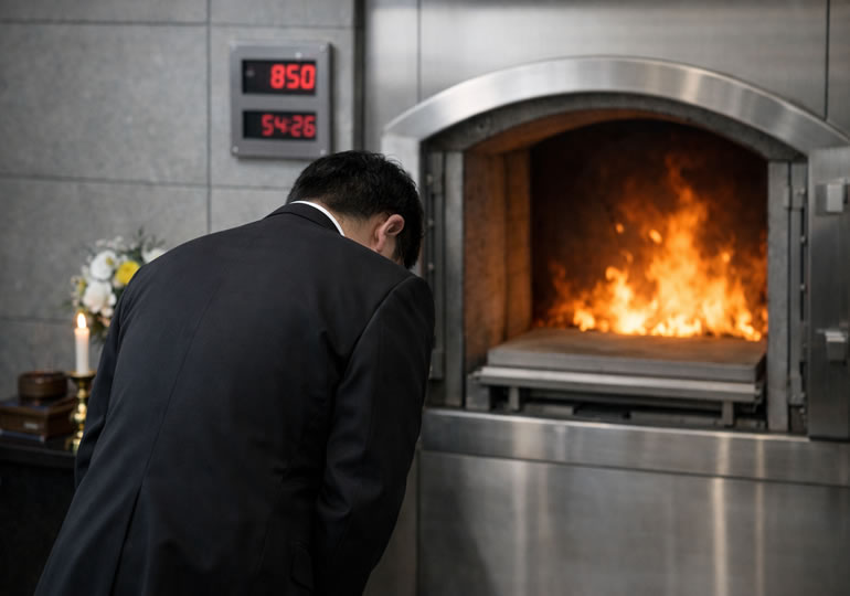 火葬炉に頭を下げている火葬場職員