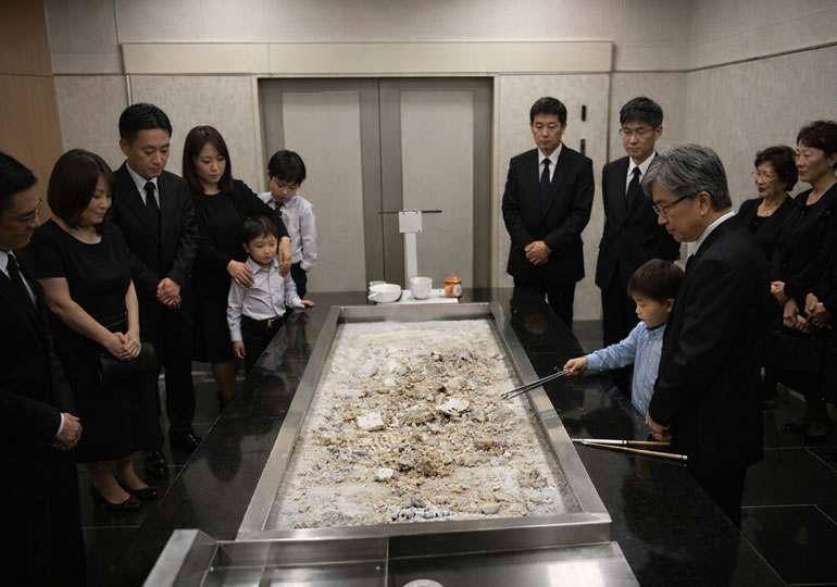 火葬後の遺骨を収骨している親族
