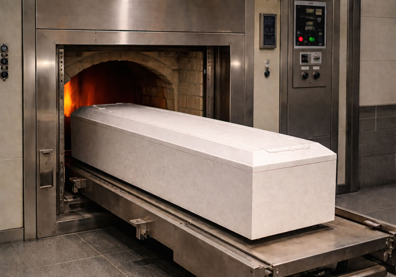 火葬炉の中に入っている棺桶