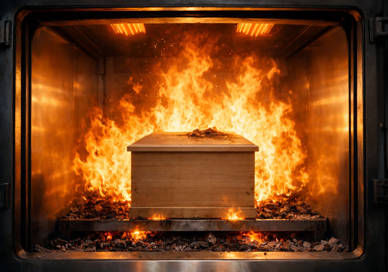 火葬炉に入れられた棺桶