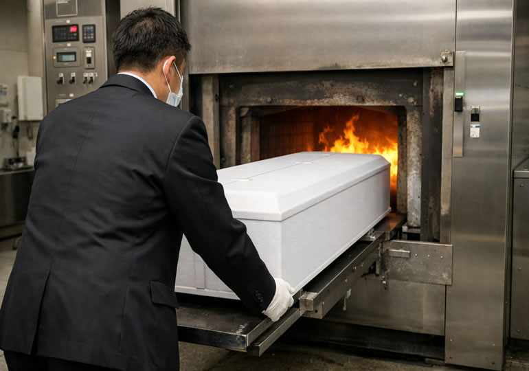 火葬炉に棺桶を入れる火葬場職員