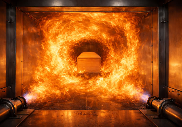 火葬炉内で燃え上がる炎の様子