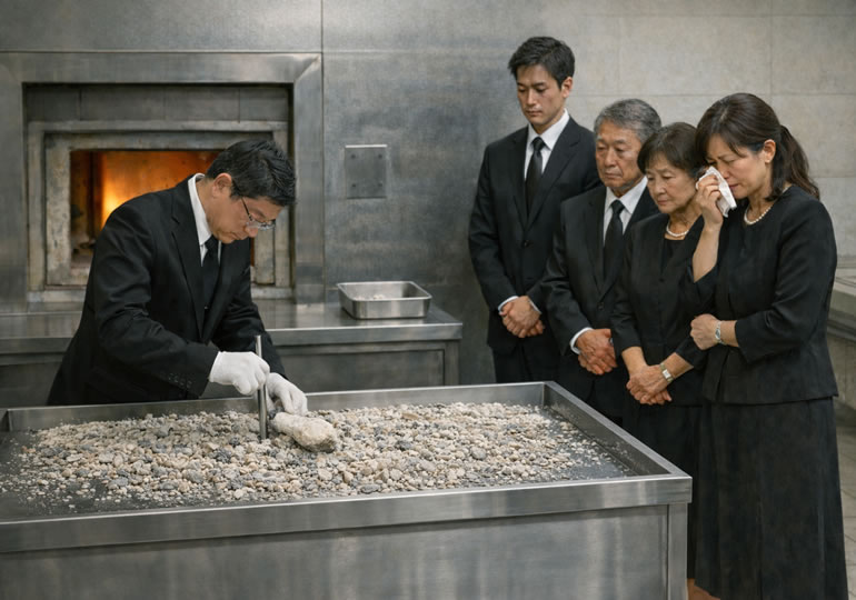 遺骨の大きさを調整している火葬技師
