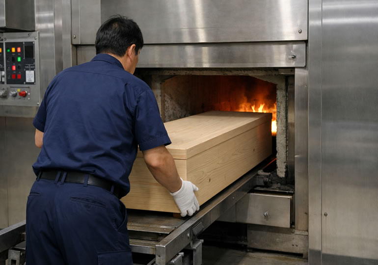 火葬炉に棺桶を入れている火葬場職員