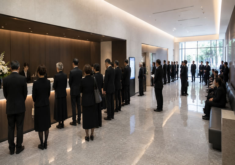 火葬場の受付に並ぶ親族