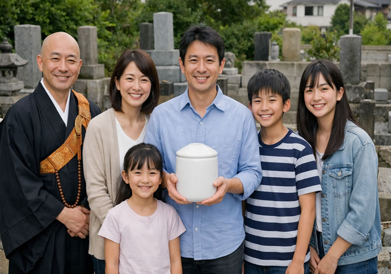 漁港から夕陽を見つめている家族