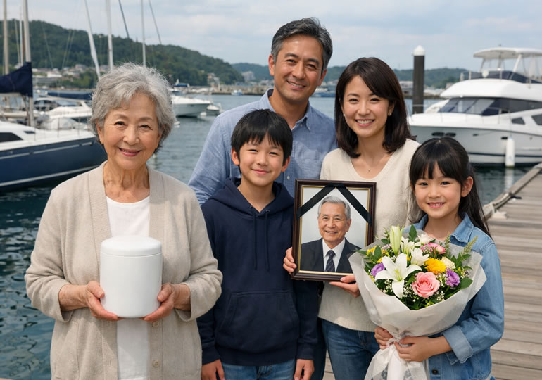 墓じまいした遺骨を海洋散骨する家族