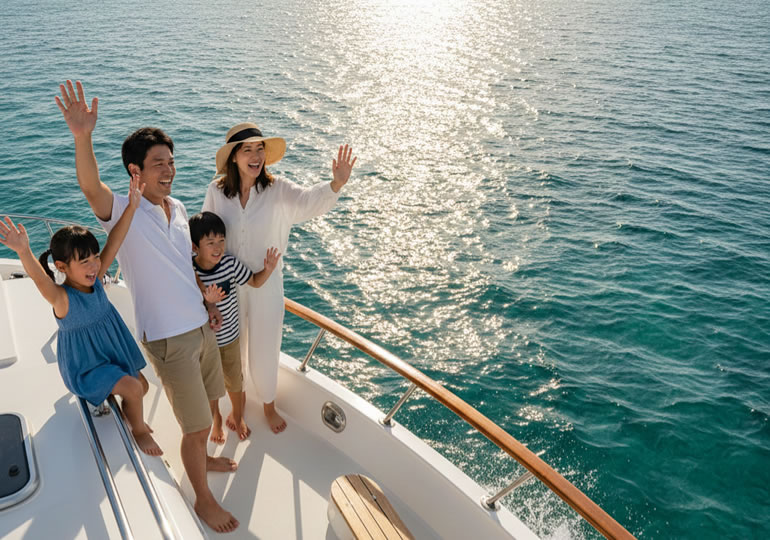 海洋散骨した海に手を振る家族