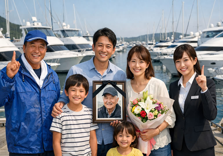 安全なクルーザーで散骨に行く家族