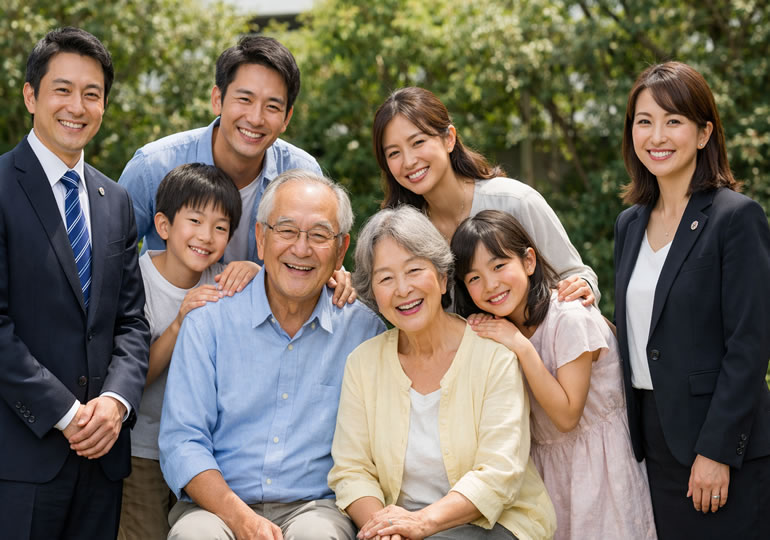 笑顔の高齢夫婦を囲む家族