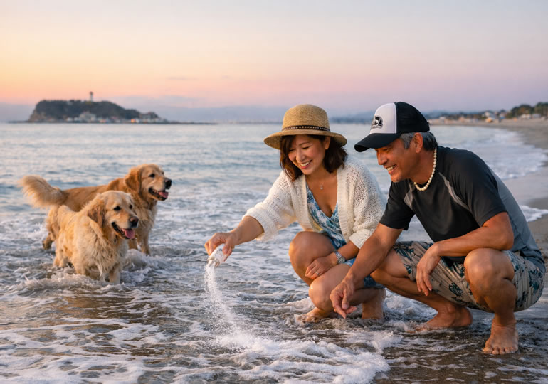 波打ち際にパウダーの遺骨を散骨する夫婦