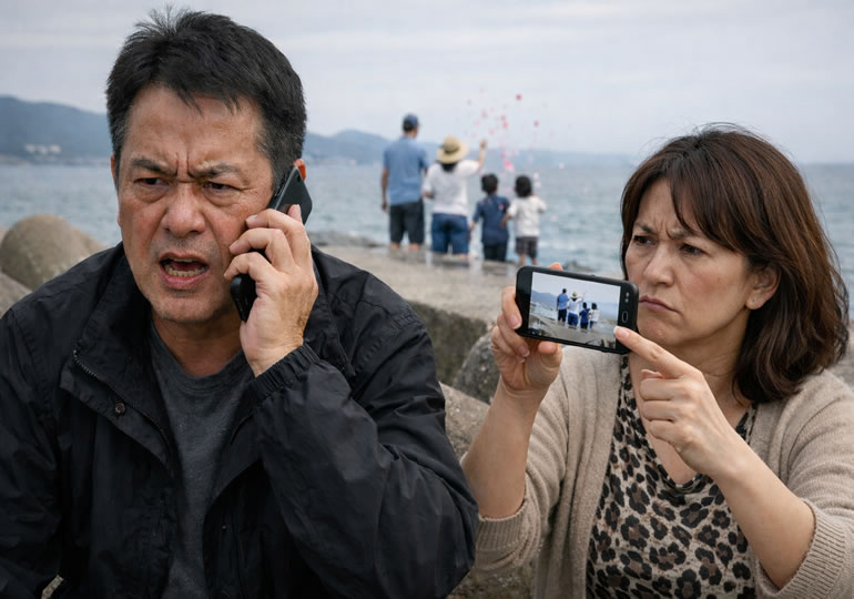 海洋散骨を通報している男性