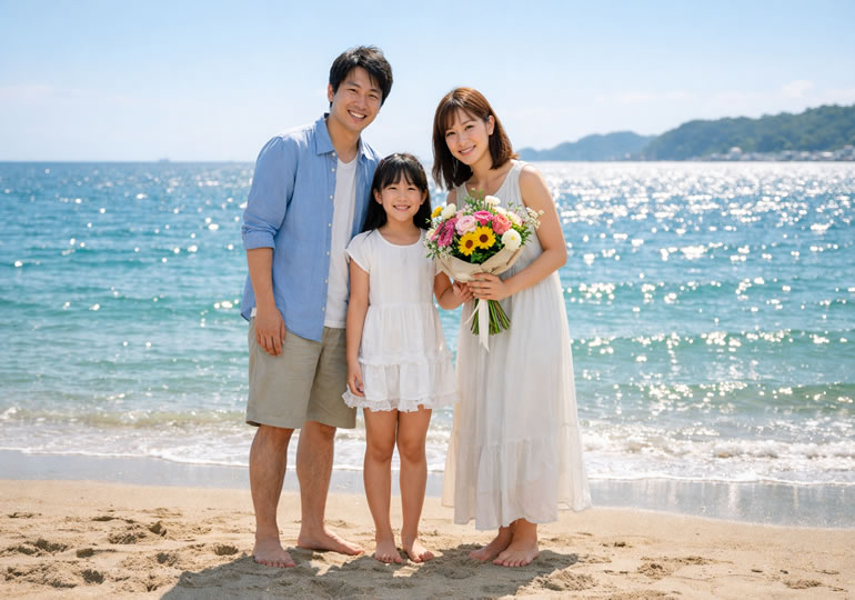 砂浜で花束を持って笑顔の親族